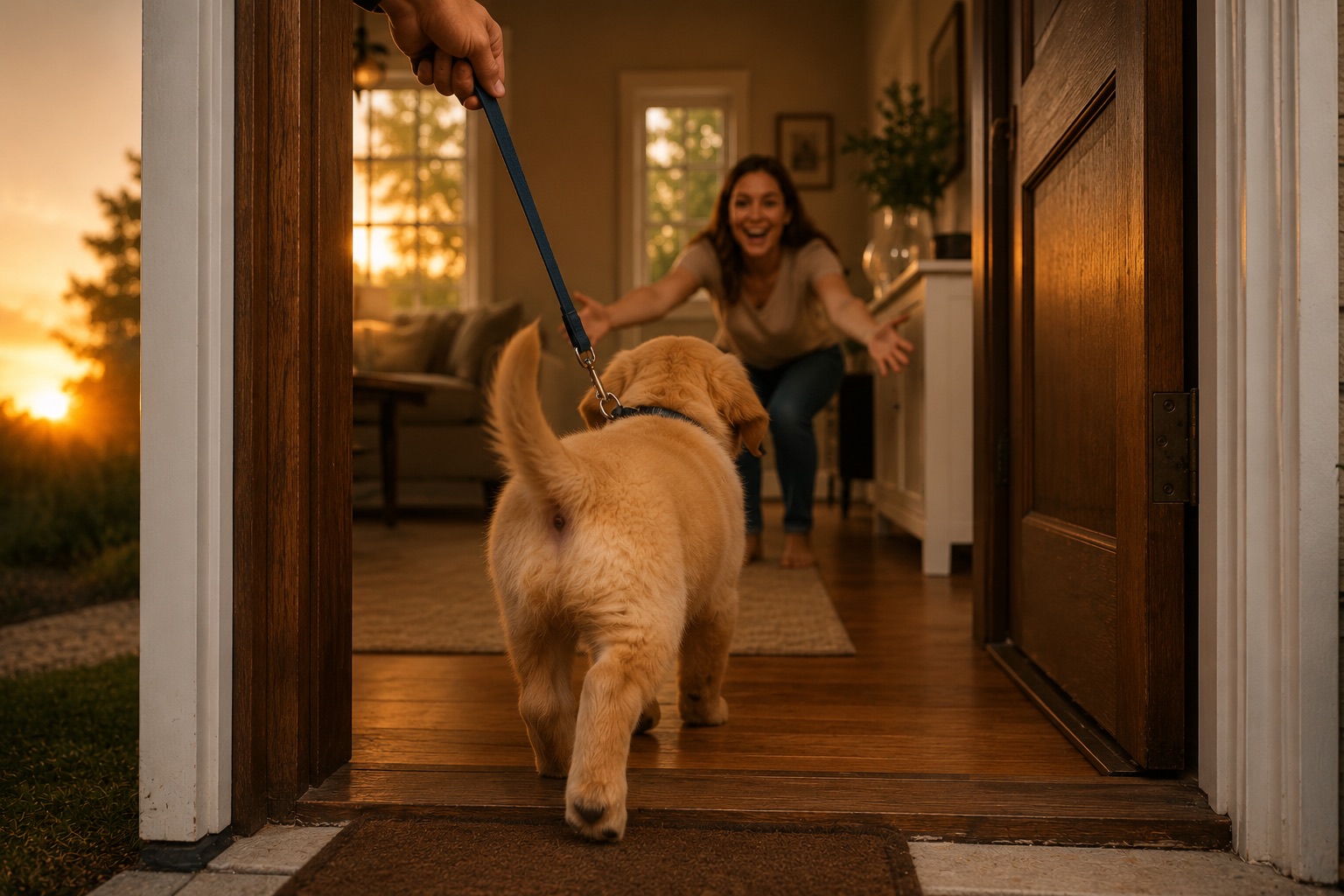 A dog running home to their family at golden hour