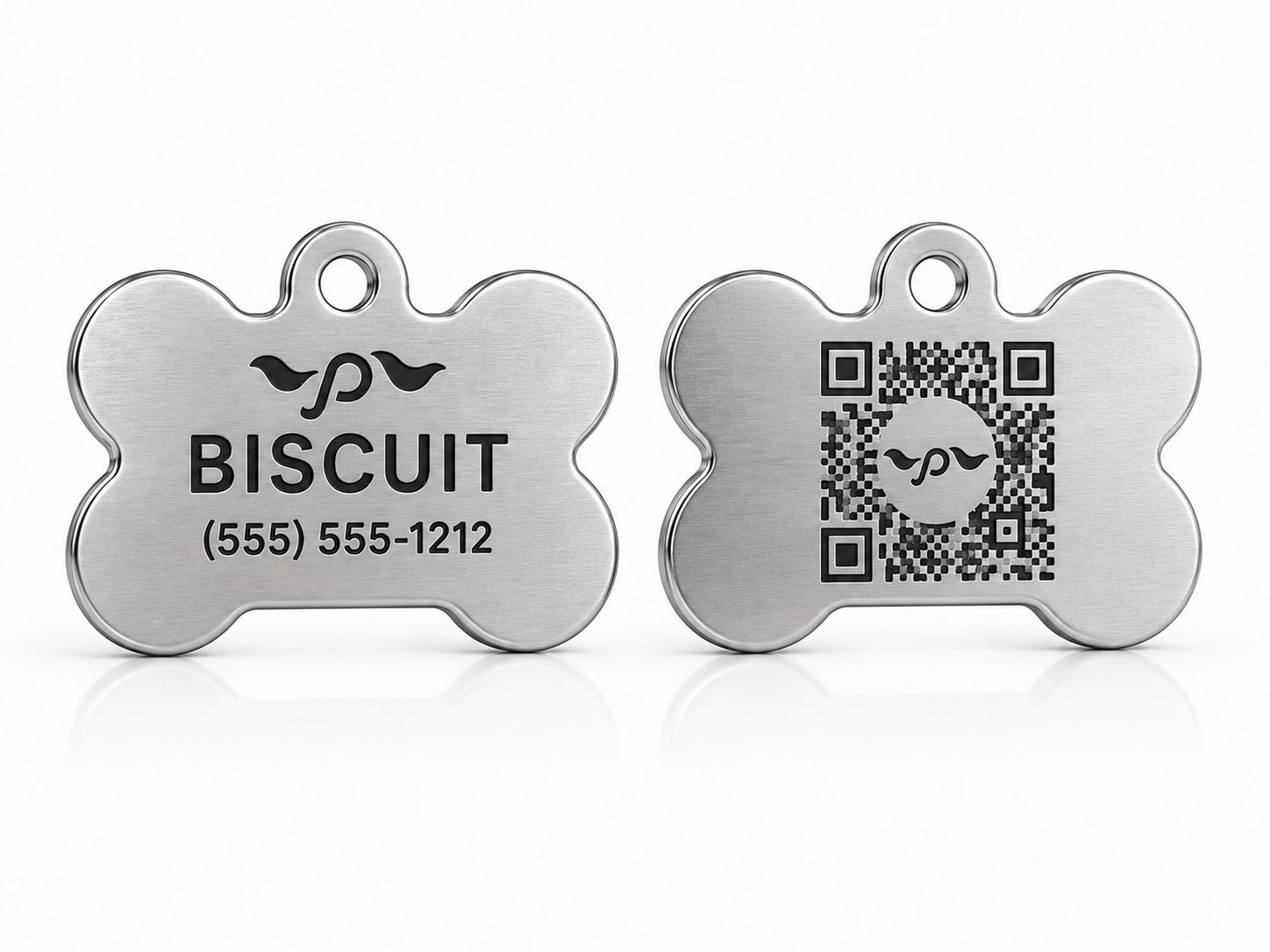 The Pawsada PawTag ID™ bone tag — engraved metal with a scannable QR code