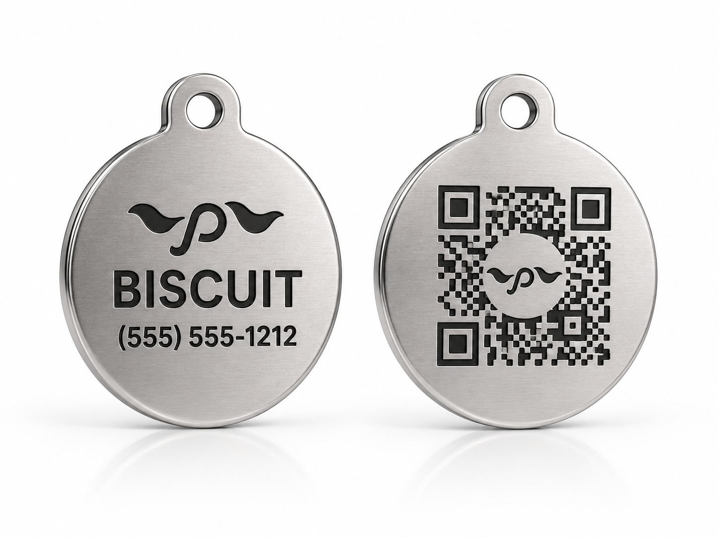 The Pawsada PawTag ID™ circle tag — engraved metal with a scannable QR code