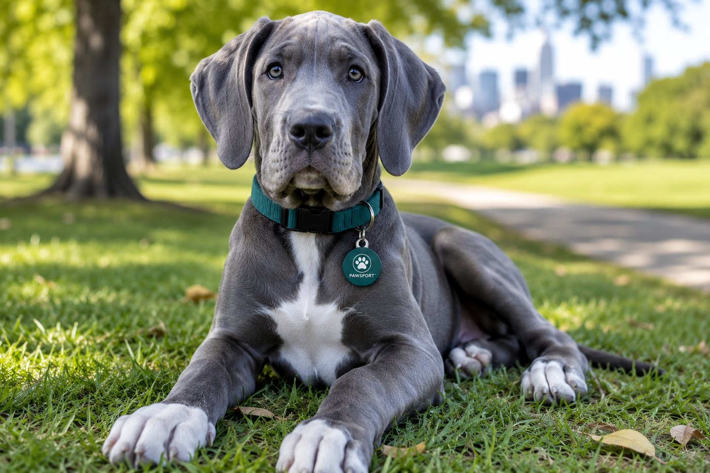 A dog wearing a PawTag on their collar in the park